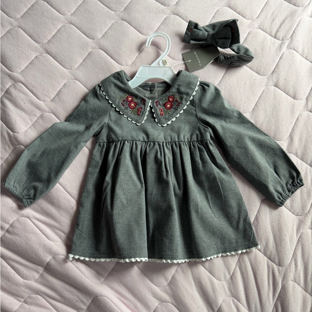 Tahari Gray Dress with Floral Embroidery